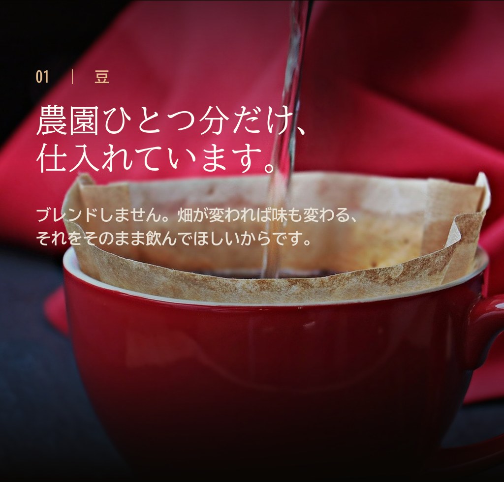 01 豆。農園ひとつ分だけ仕入れています。ブレンドしません。畑が変われば味も変わる、それをそのまま飲んでほしいからです。