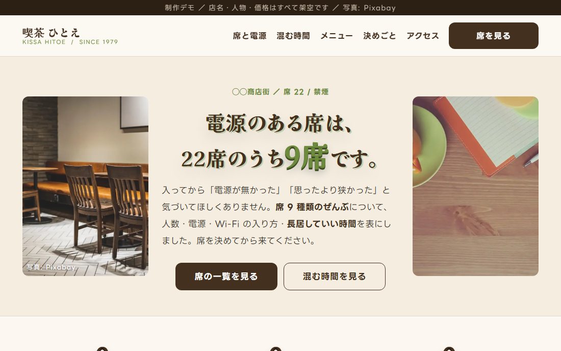 喫茶店のトップ画面の制作デモ。クリーム色の地に、店内とカップの写真を左右に立てた3カラムのヒーロー。