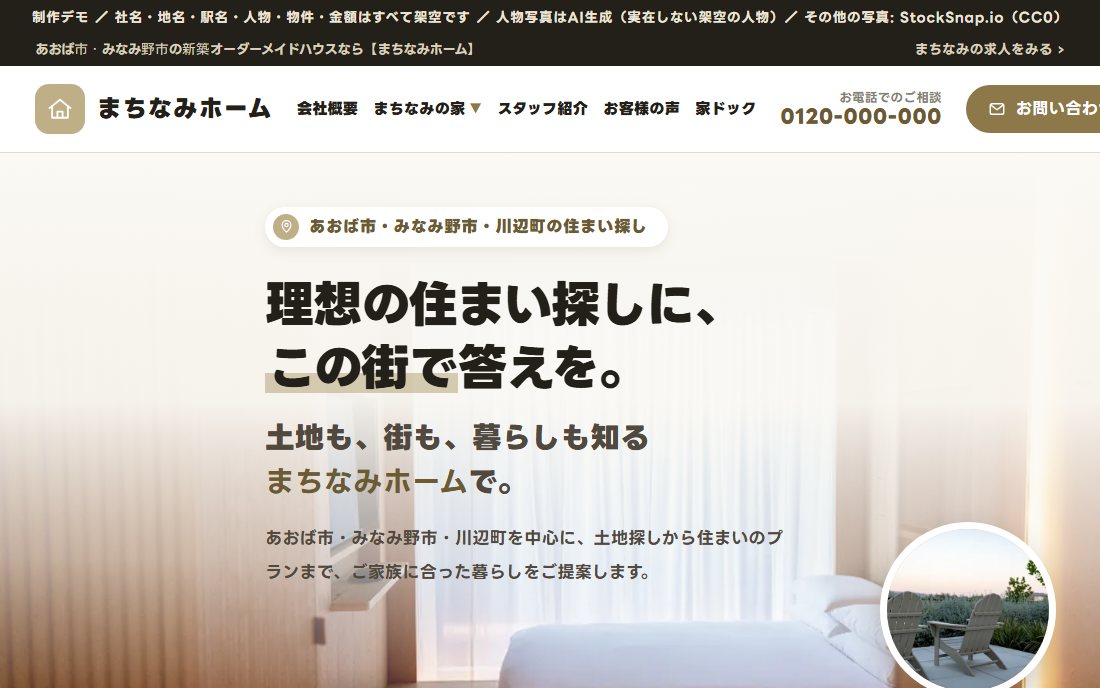 不動産会社のトップ画面の制作デモ。明るい室内の写真に大きな見出しが重なり、下に地図検索のカードが出ている。