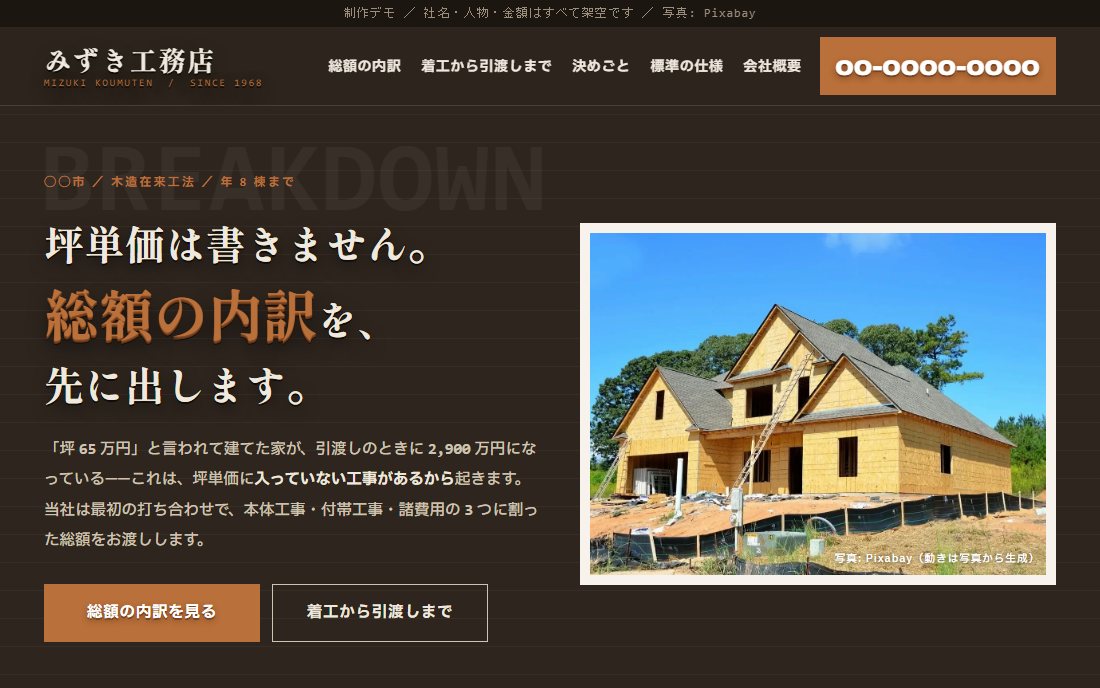 工務店のトップ画面の制作デモ。焦茶の地に建築中の木造住宅が窓のように抜かれ、大きな英字が透かしで重なっている。