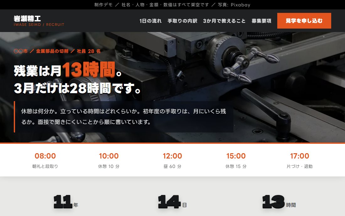製造業の採用ページの制作デモ。工場の旋盤の写真に白抜きの見出しが重なり、下に1日の時刻軸が並ぶ。