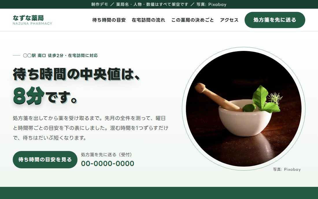 調剤薬局のトップ画面の制作デモ。白地に緑の大きな見出しと、円形に抜いた乳鉢の写真。